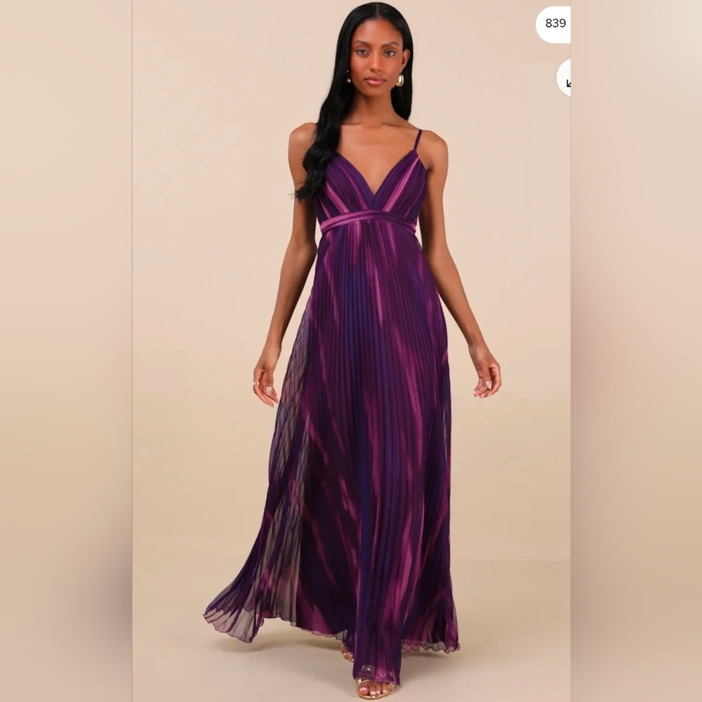 Lulu's Plum & Fuchsia Pleated V-Neck Maxi Dress